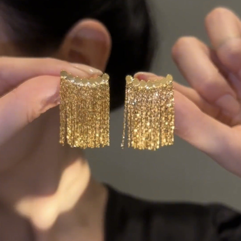 Long earrings with curved bar and tassel