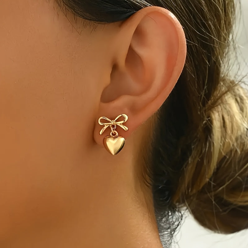 Bowed in Love Delicate Heart Dangle Earrings with Vintage Vibe