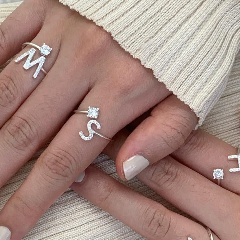 Zirconia letter sterling silver ring