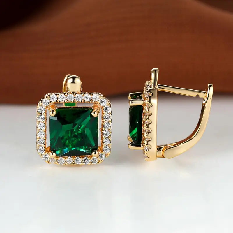 Golden Green Square Cubic Zirconia Earrings | Gold