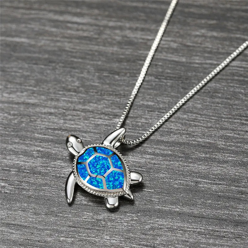 Blue Opal Turtle Pendant Necklace in Sterling Silver