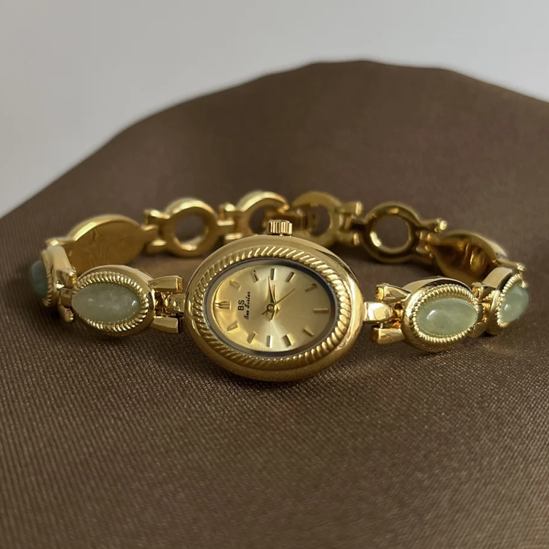 Green Jade Inlay Watch – Gold Bracelet with Oval Quartz Dial