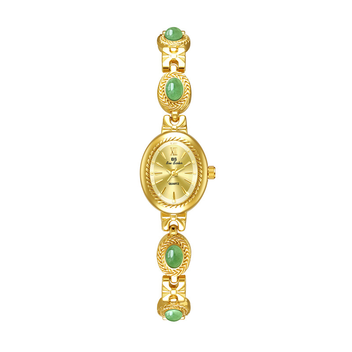 Green Jade Inlay Watch – Gold Bracelet with Oval Quartz Dial