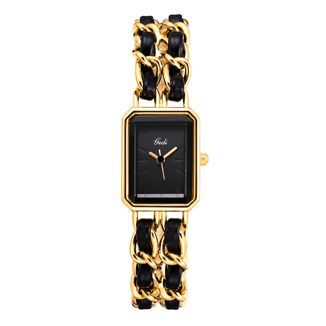 Gold Woven Chain Watch – Black Dial & Polished Gold Case for Women