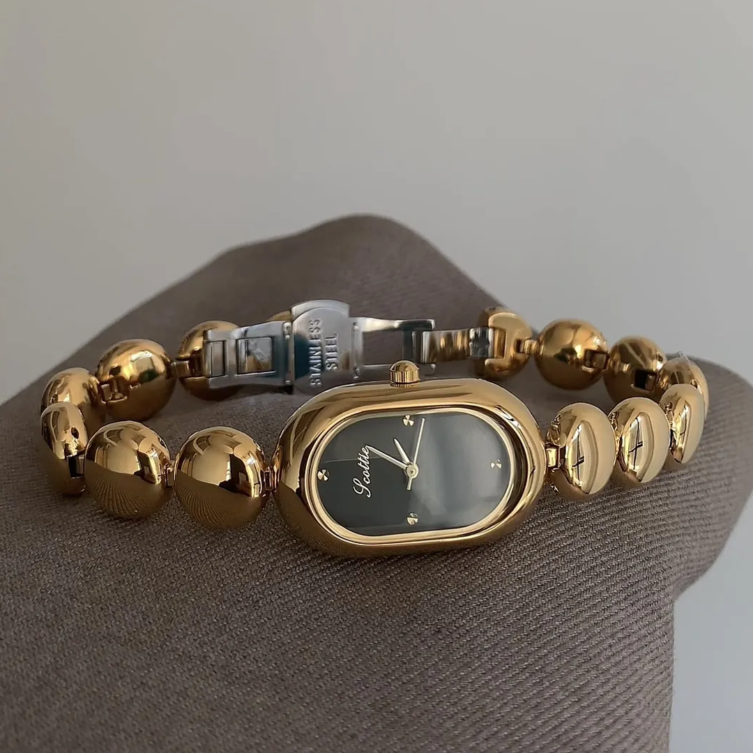 Gold Oval Quartz Watch for Women – Black Dial & Beaded Bracelet Design