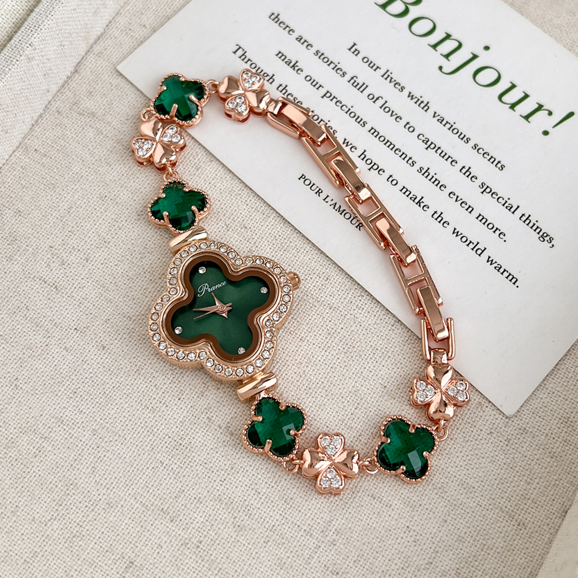 Green Clover Bracelet Watch – Rose Gold with Zirconia Accents