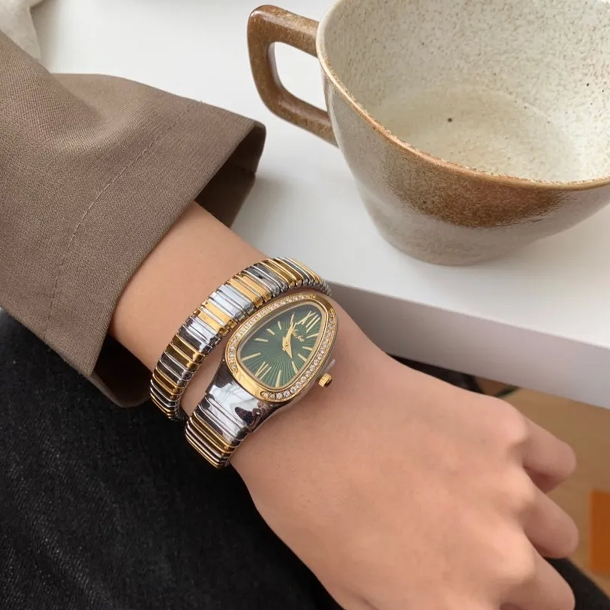 Serpenti Ladies’ Quartz Watch – Green Dial, Gold Case & Two-Tone Bracelet