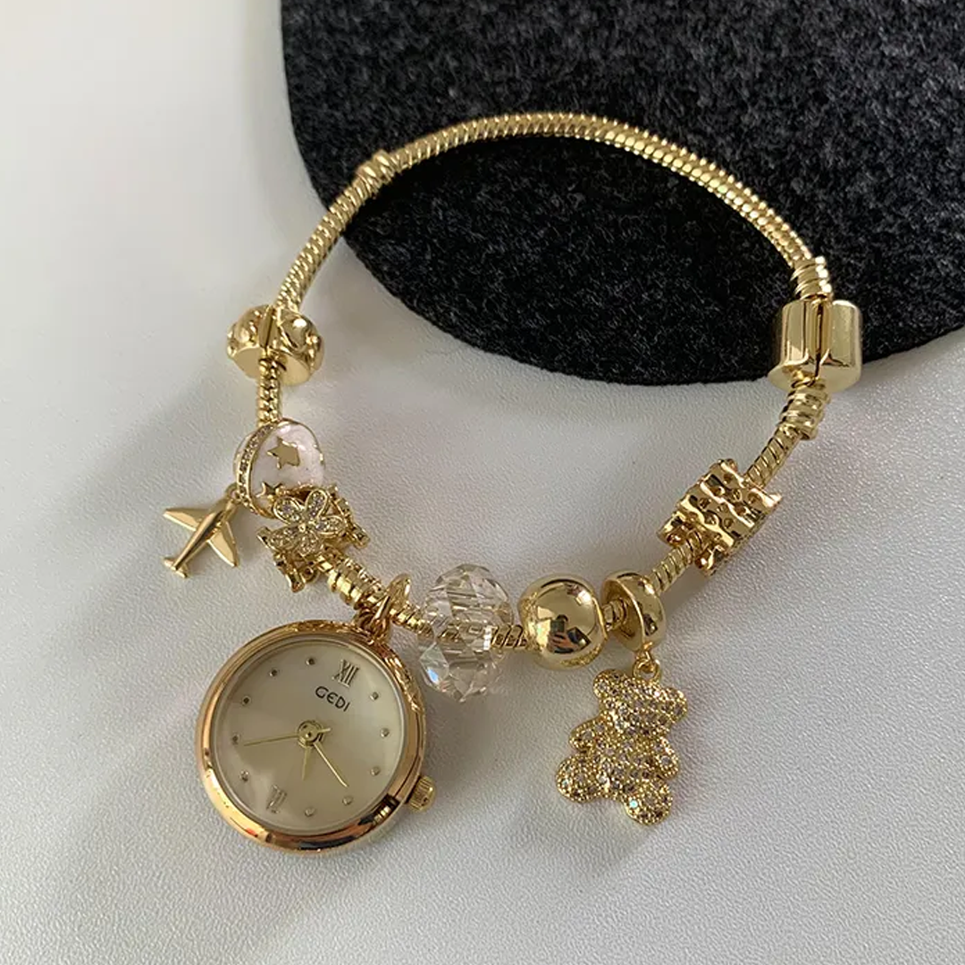 Bear & Plane Timepiece – Whimsical Gold Watch with Sparkling Zirconia