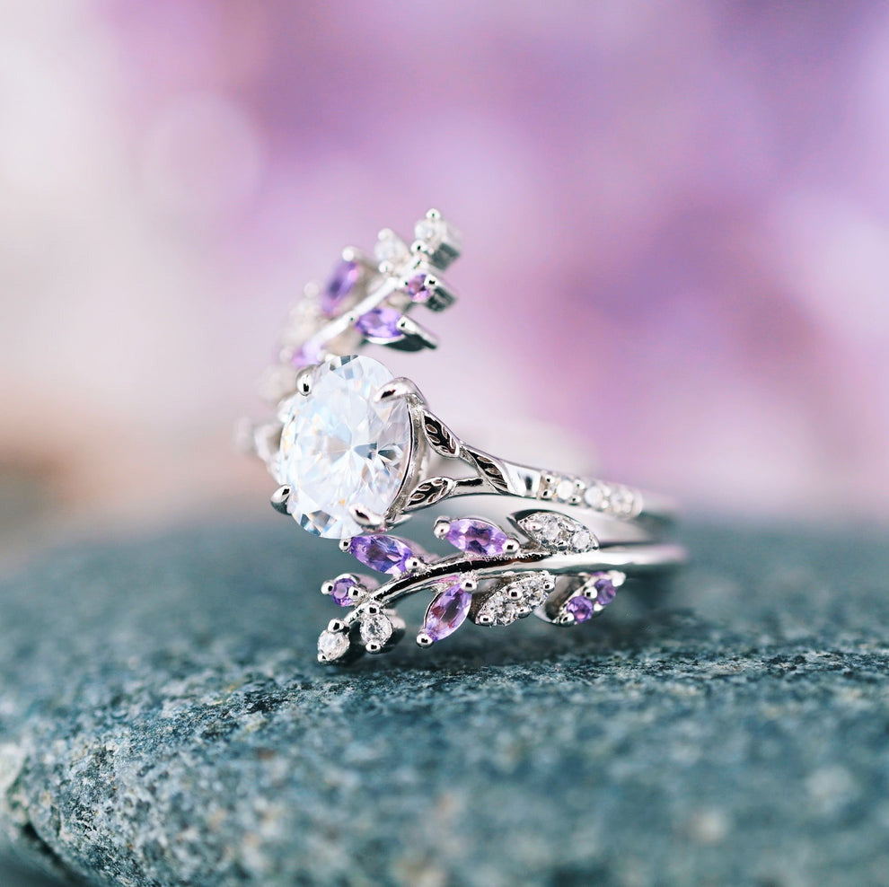 Fairy-inspired amethyst & diamond leaf engagement ring set - 925 Sterling silver