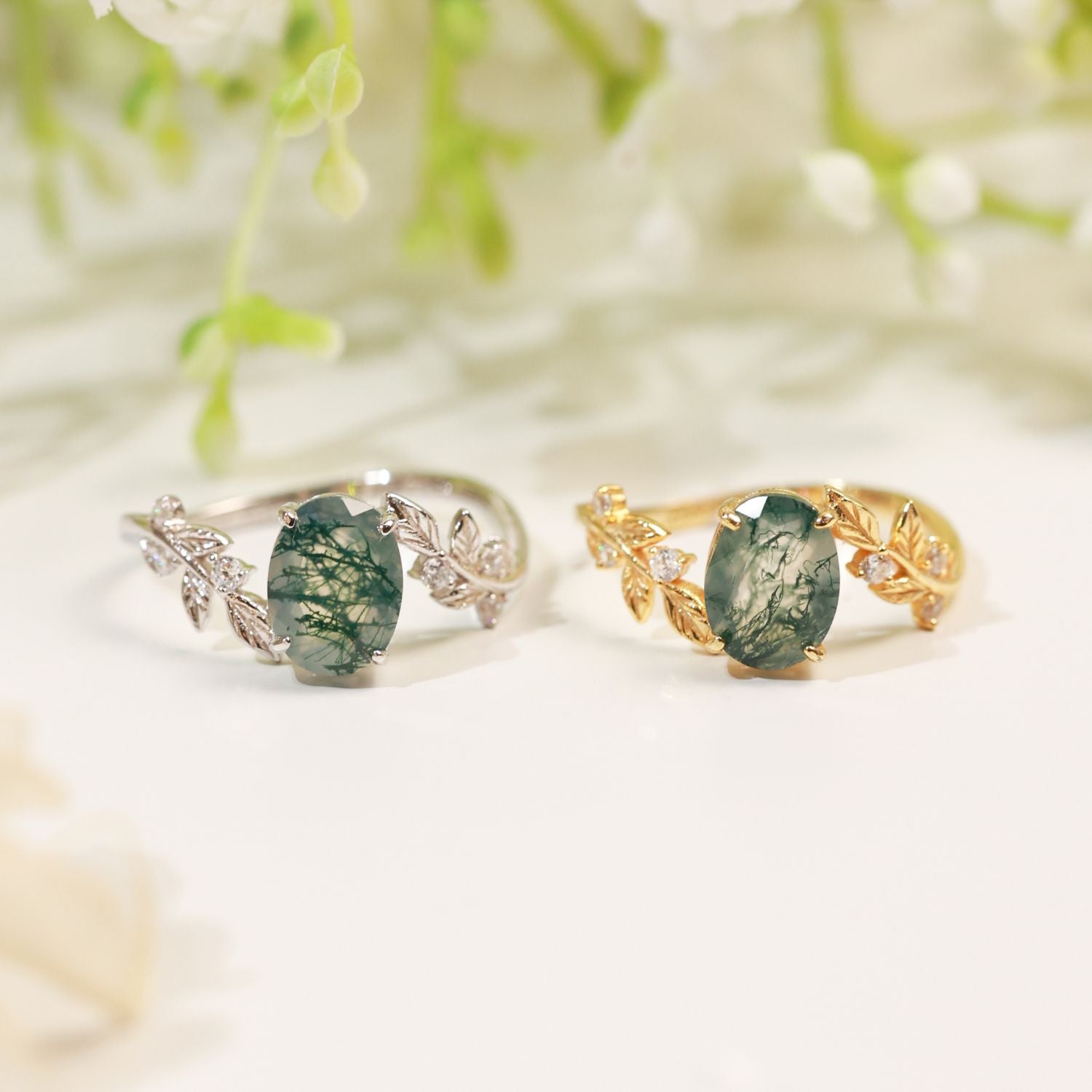 Natural moss agate ring - “Between the leaves” design