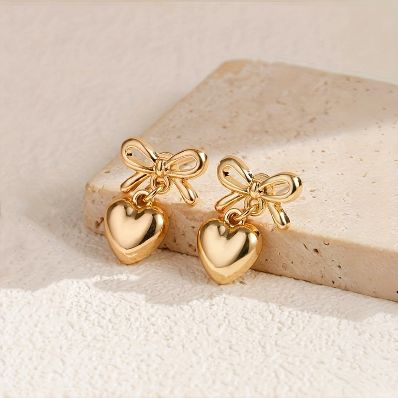 Bowed in Love Delicate Heart Dangle Earrings with Vintage Vibe