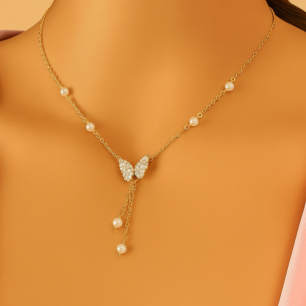 Elegant Butterfly Pendant Necklace with Faux Pearls