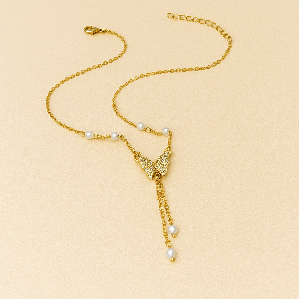 Elegant Butterfly Pendant Necklace with Faux Pearls