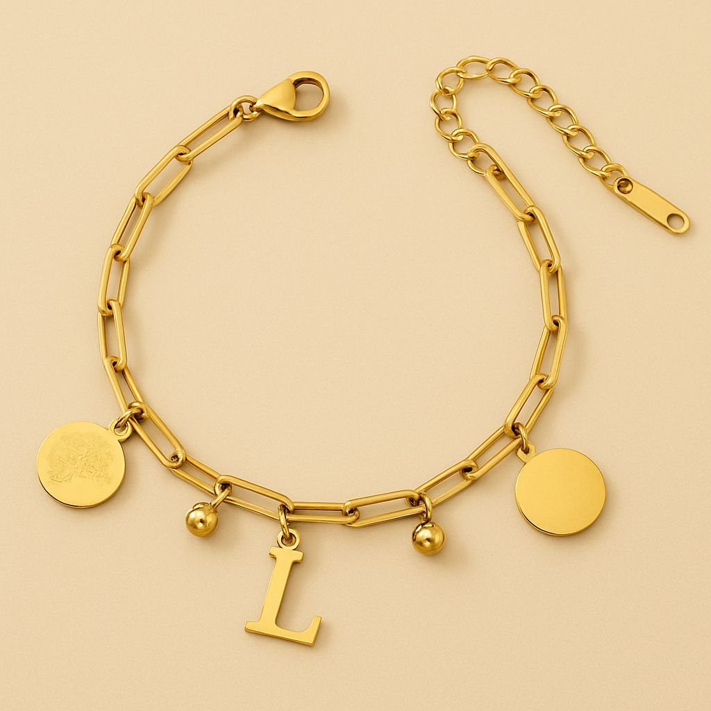 Edgy 18K Gold Bracelet with Circular Charms & Initial Pendant