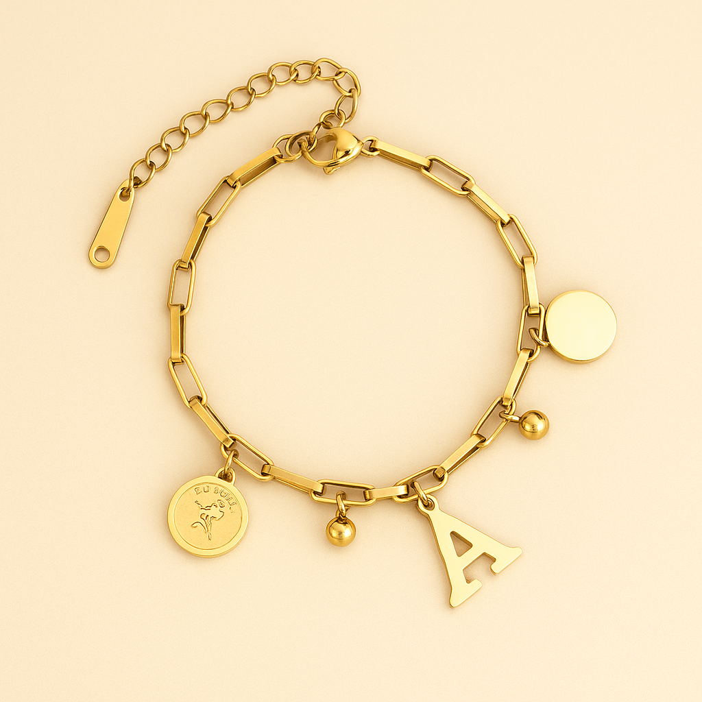 Edgy 18K Gold Bracelet with Circular Charms & Initial Pendant