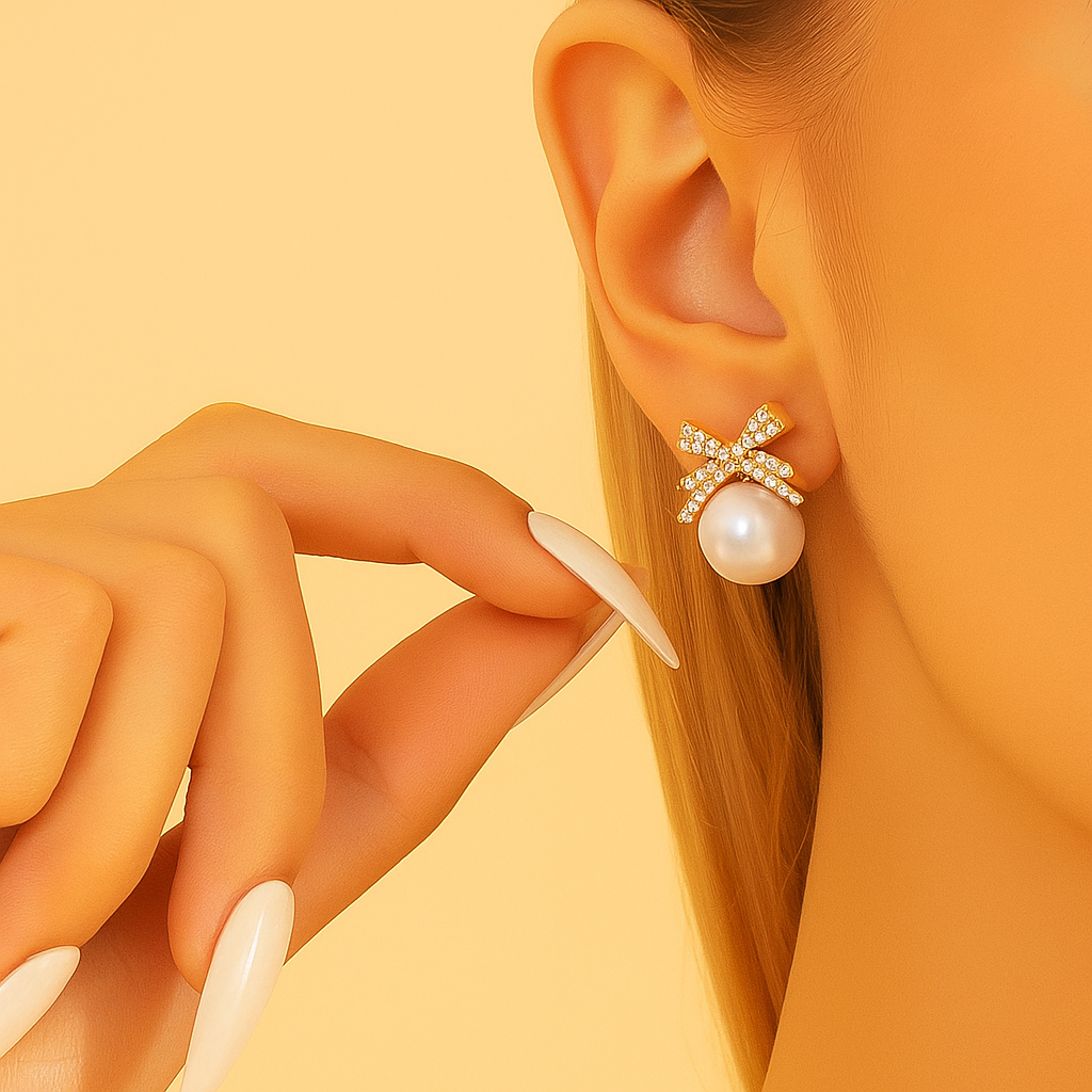 Ornate pearl earrings with bow embellishment
