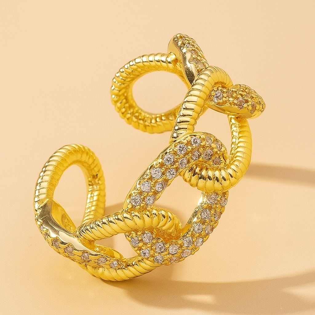 Lingmei - ornate 18K gold-plated zirconia chain ring