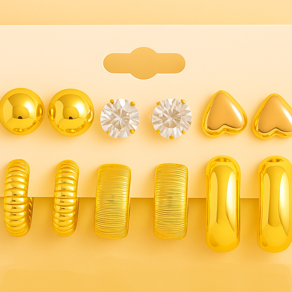 12-24pcs Artificial Crystal Heart & Pearl C-Shaped Gold-Plated Earrings Set