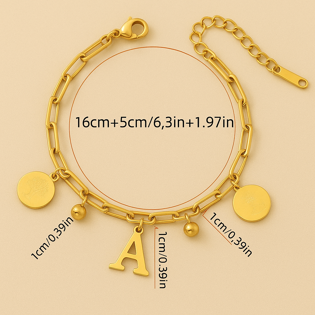 Edgy 18K Gold Bracelet with Circular Charms & Initial Pendant