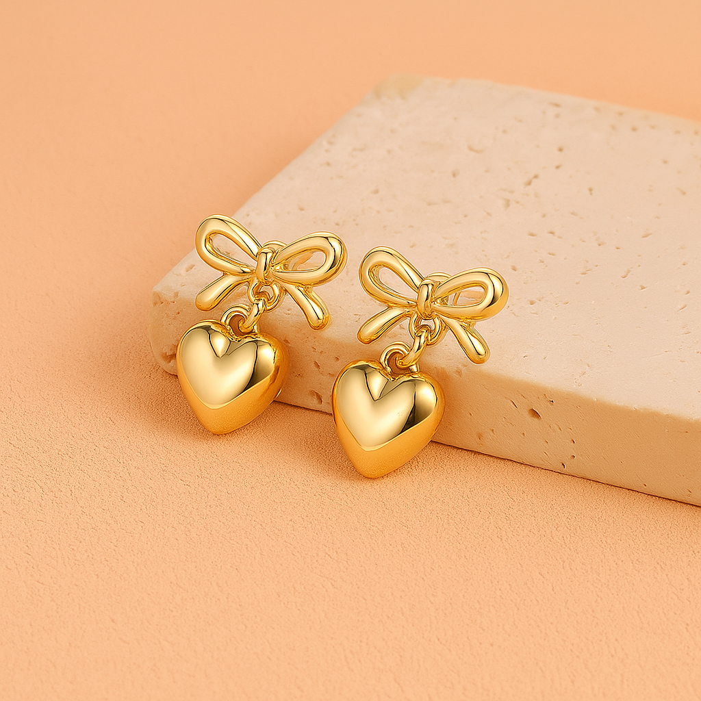 Bowed in Love Delicate Heart Dangle Earrings with Vintage Vibe