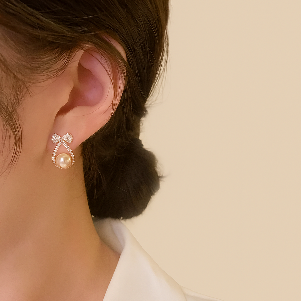 French Bow Earrings with Pearl and Crystals