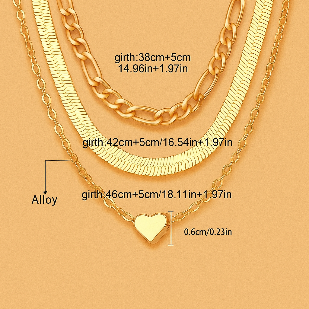 Layered Heart Charm Necklace – Retro Snake & Cuban Chains
