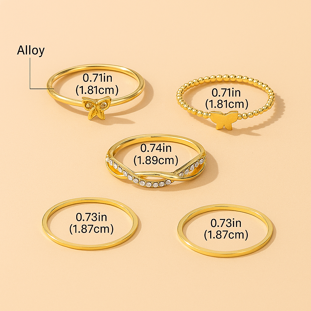 5pcs Elegant Gold-Tone Ring Set – Butterfly, Twisted & Rhinestone Designs