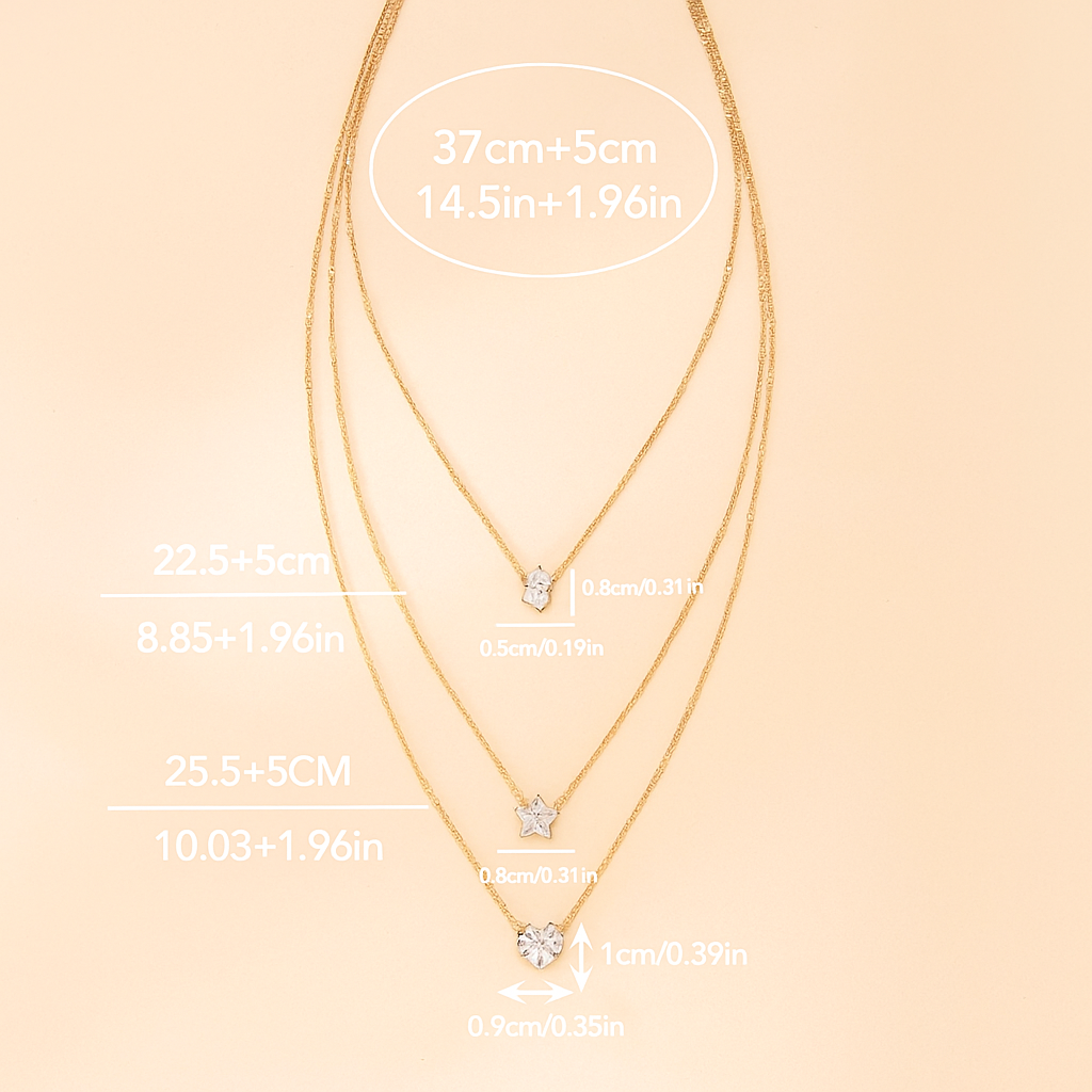 Multi-Layered Crystal Pendant Necklace – Heart, Star & Drop Charms