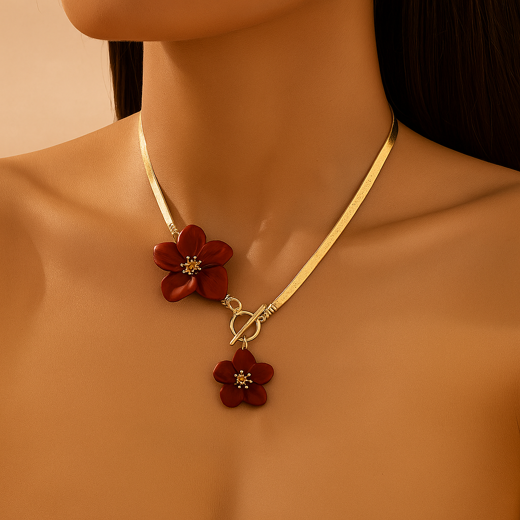 Elegant Golden-Tone Double White Floral Pendant Necklace