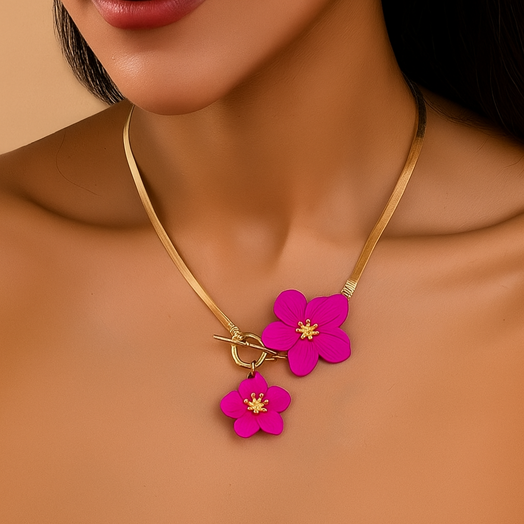 Elegant Golden-Tone Double White Floral Pendant Necklace