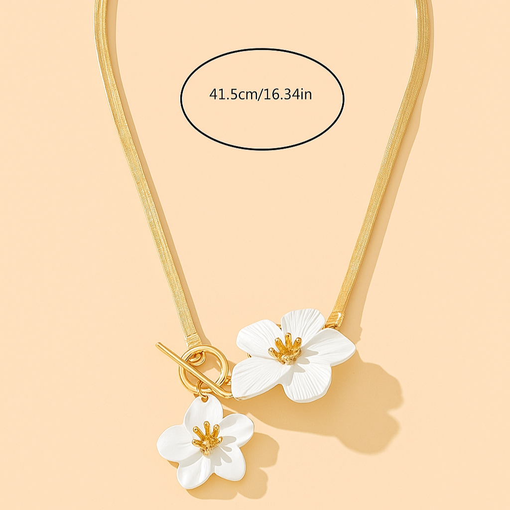 Elegant Golden-Tone Double White Floral Pendant Necklace