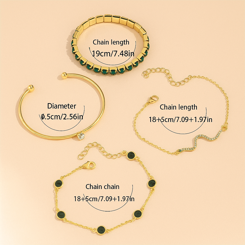 Elegant Green Gemstone & Rhinestone Snake Chain Bracelet Set