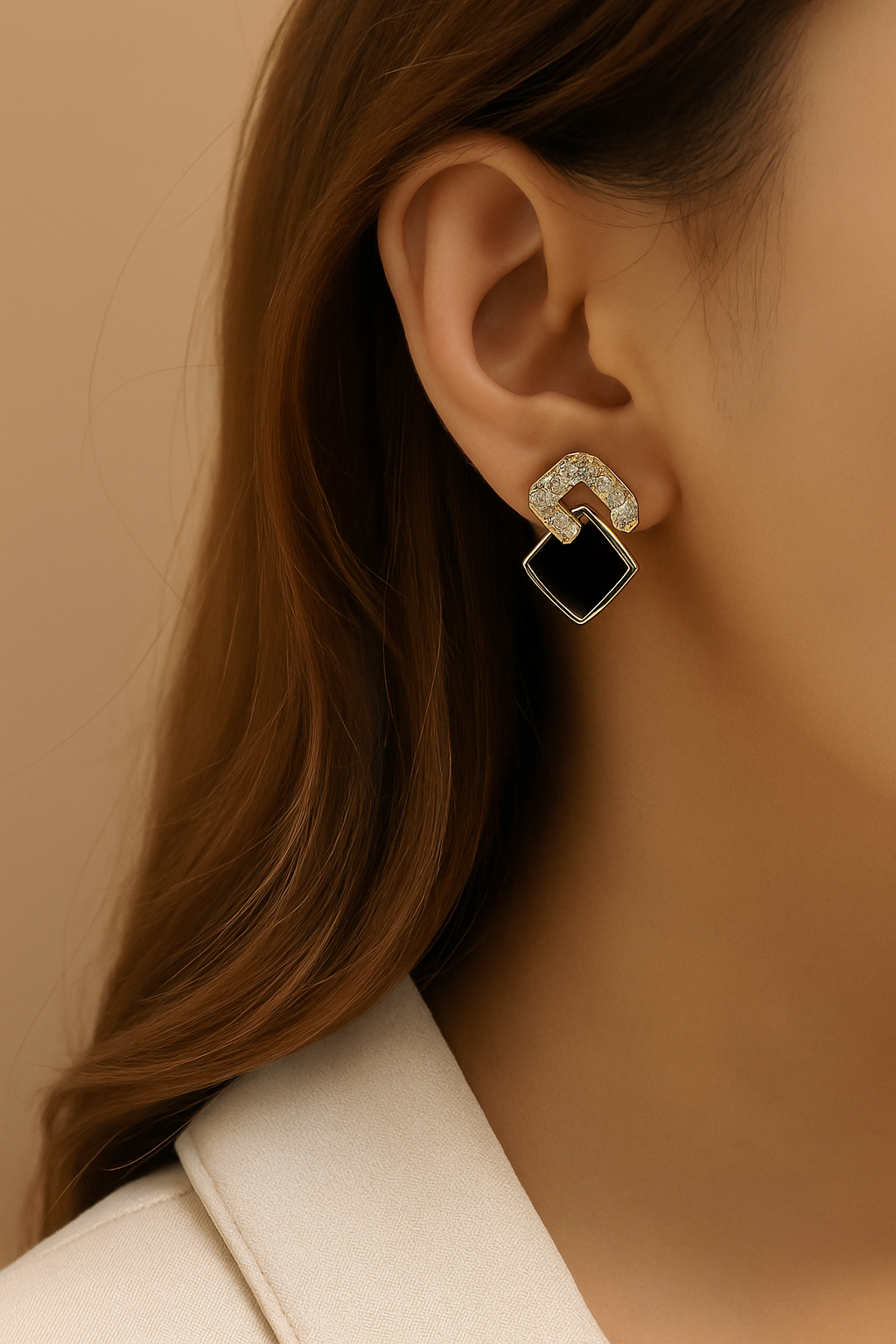 Elegant Black Square Stud Earrings with Glass Highlights