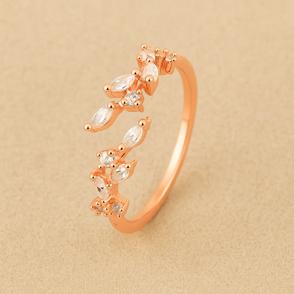 Sparkling leaf pattern ring with synthetic zirconia
