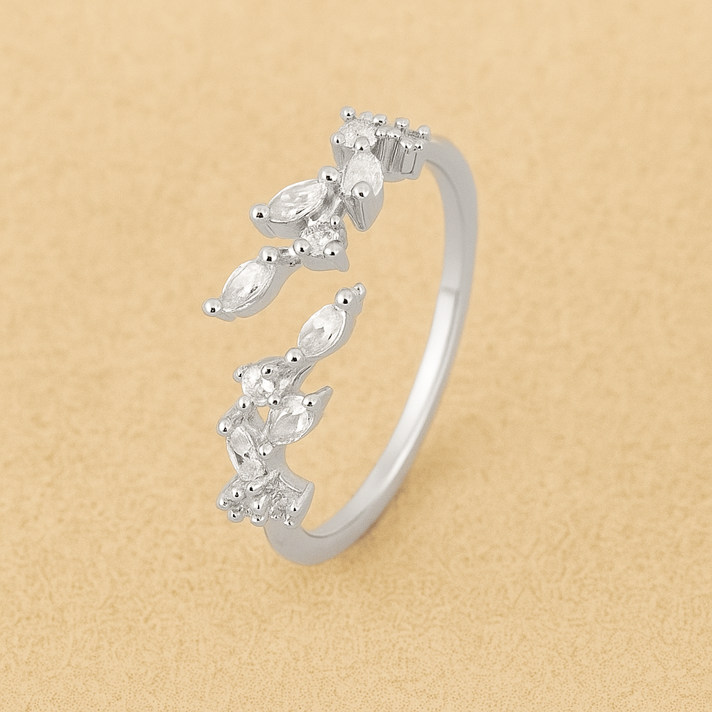Sparkling leaf pattern ring with synthetic zirconia