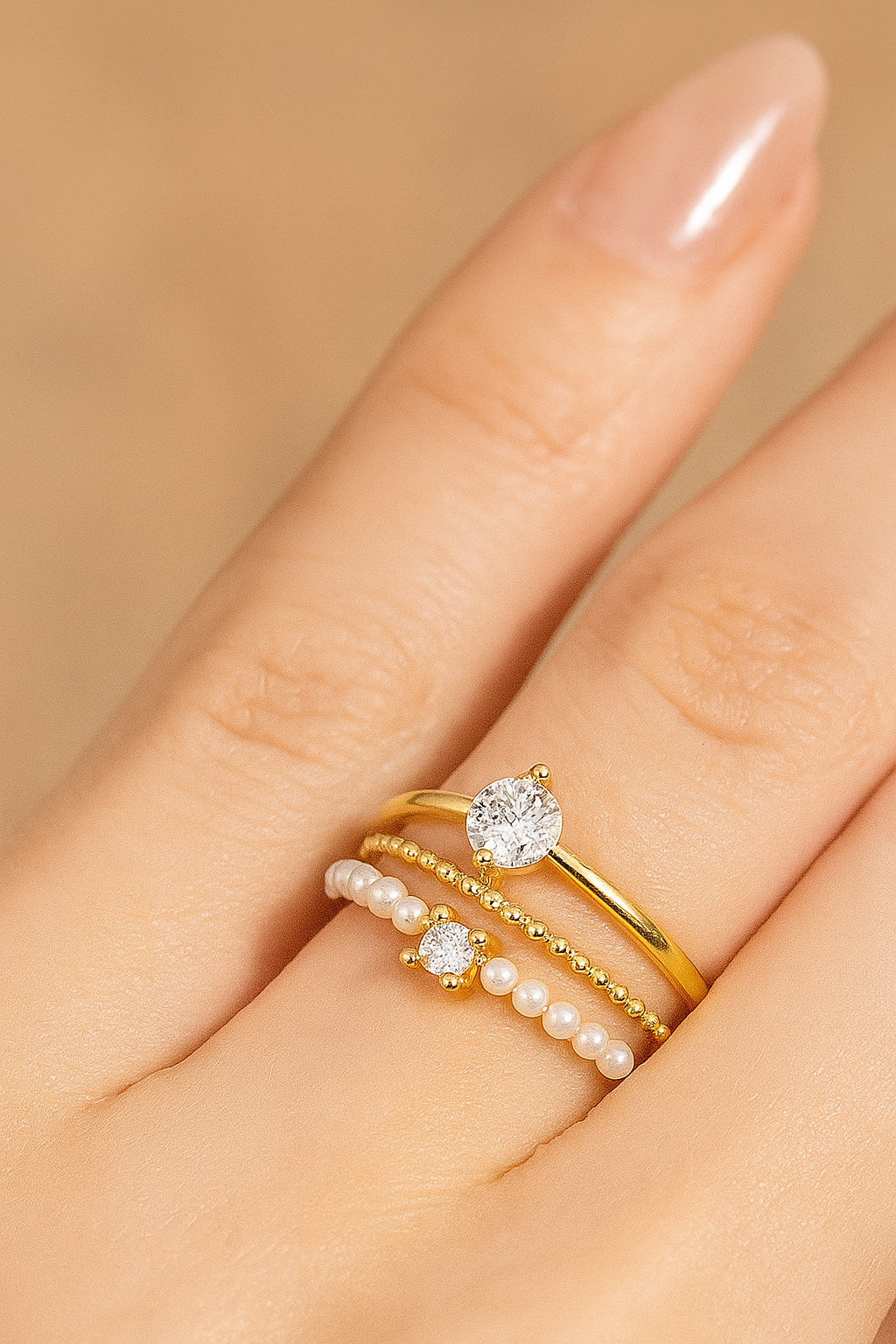 Ornate 3-piece ring set - Zirconia & Pearls