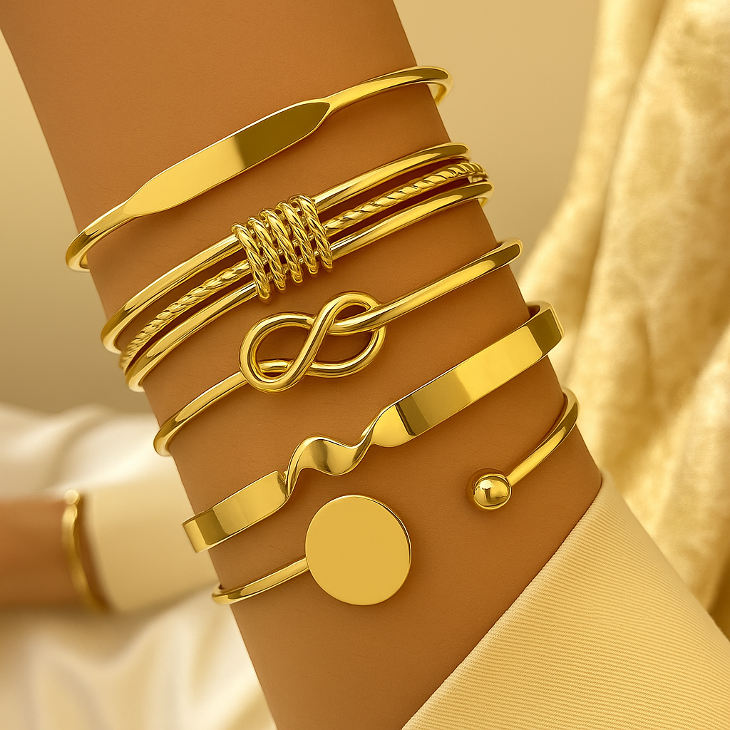 Set of 5 minimalist alloy bracelets - Geometric & shiny finish