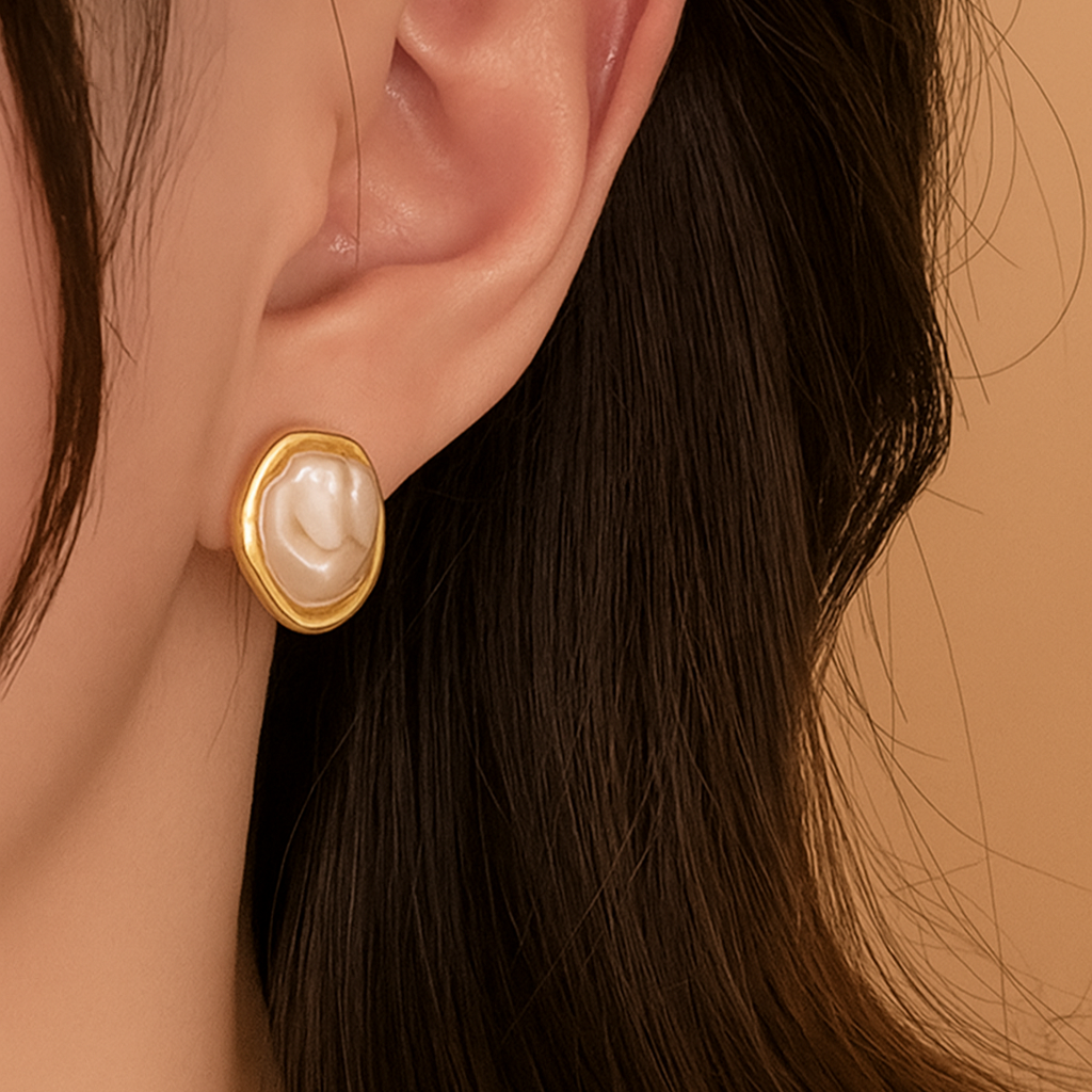 Elegant Gold-Finish Irregular Oval Pearl Stud Earrings