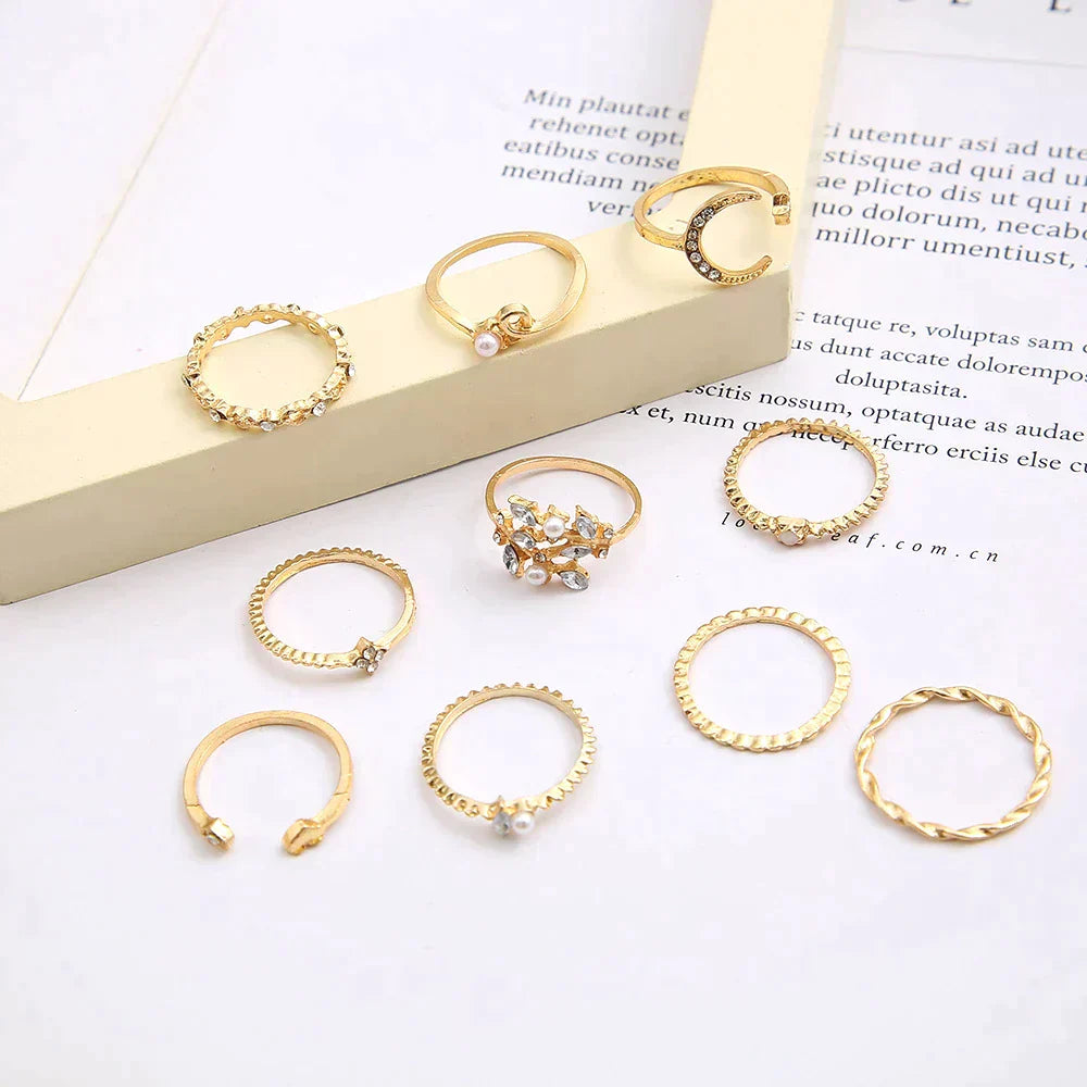 10-Piece Bohemian Ring Set – Silver & Gold-Plated Eclectic Elegance