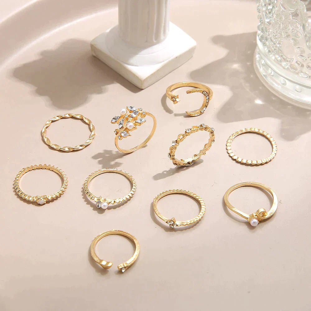 10-Piece Bohemian Rings Set - Silver & Gold Shades