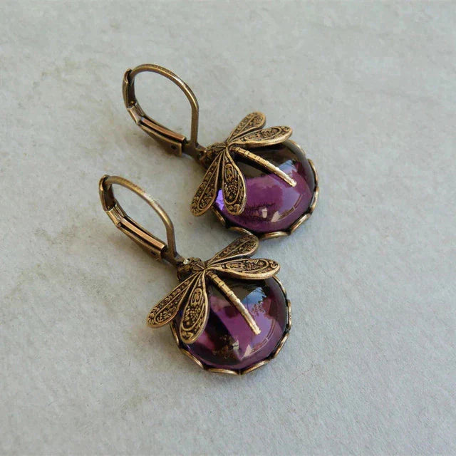 Dragonfly Drop Earrings in Vintage Gold Finish