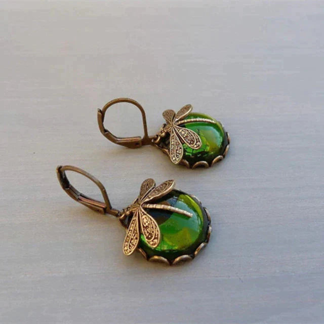 Dragonfly Drop Earrings in Vintage Gold Finish