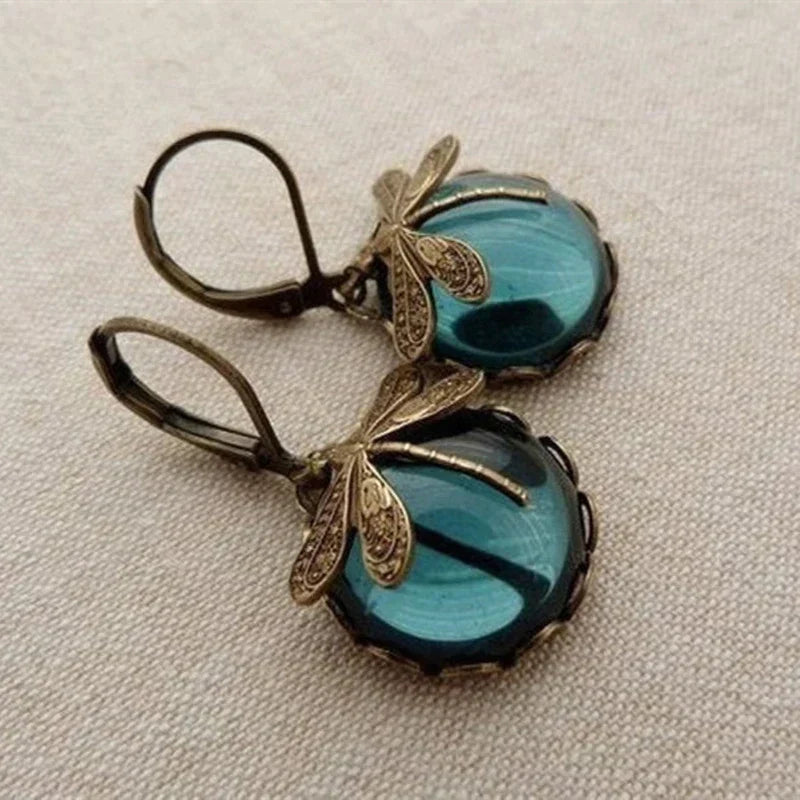 Dragonfly Drop Earrings in Vintage Gold Finish
