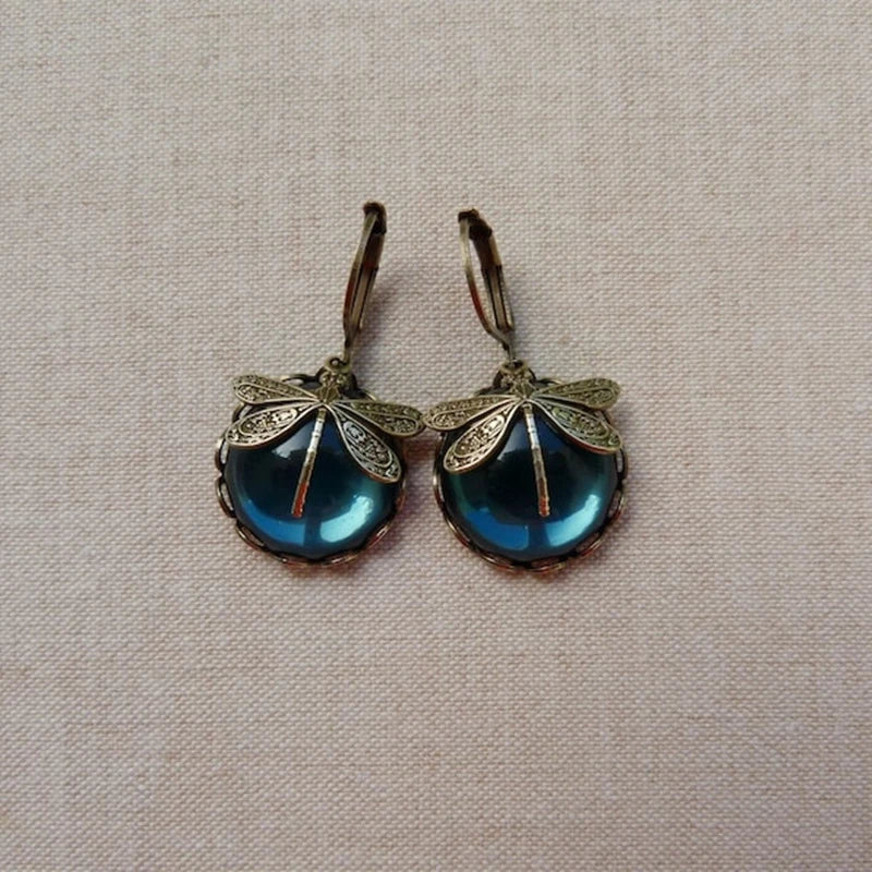 Dragonfly Drop Earrings in Vintage Gold Finish