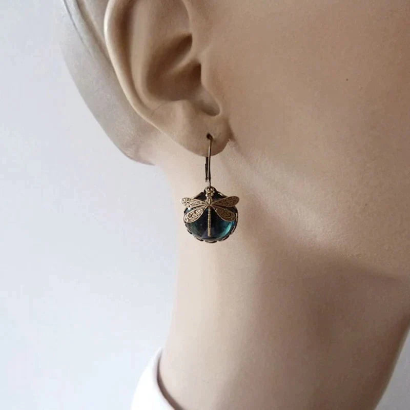 Dragonfly Drop Earrings in Vintage Gold Finish
