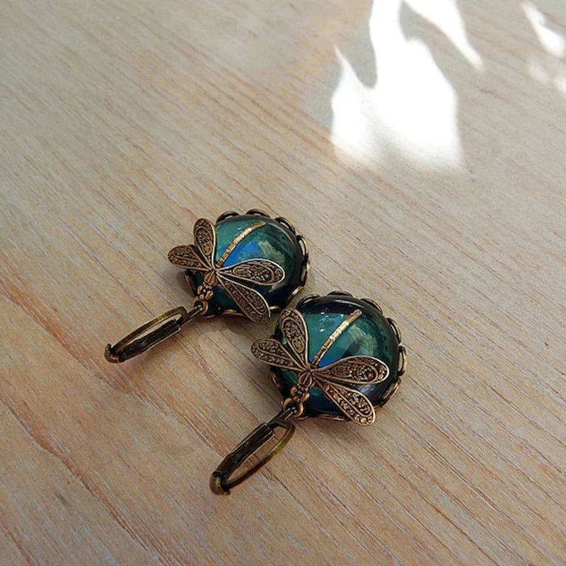 Dragonfly Drop Earrings in Vintage Gold Finish