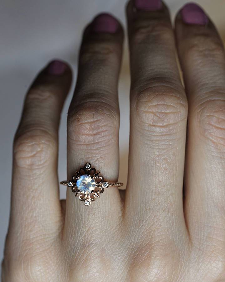 Delicate 14K rose gold moonstone ring - Stackable & adjustable