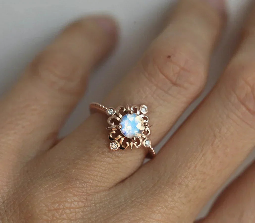 Delicate 14K rose gold moonstone ring - Stackable & adjustable