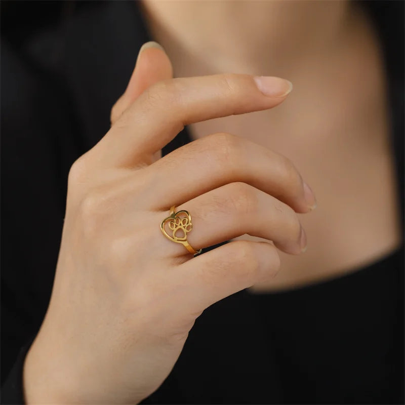 Gold Tone Paw & Heart Ring-Gold and Silver for Animal Lovers - BECKKY