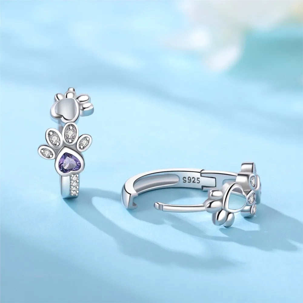 Paw Huggie earrings in 925 silver - with zirconia and heart jewel - eagle